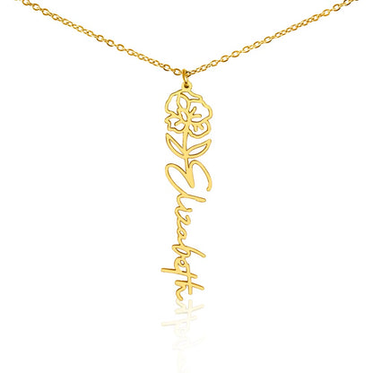 Personalized Birth Flower Name Necklace – Custom Vertical Signature Script Pendant Gift