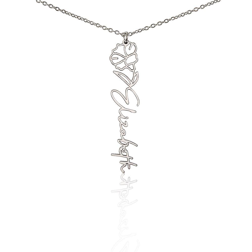Personalized Birth Flower Name Necklace – Custom Vertical Signature Script Pendant Gift