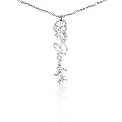 Personalized Birth Flower Name Necklace – Custom Vertical Signature Script Pendant Gift
