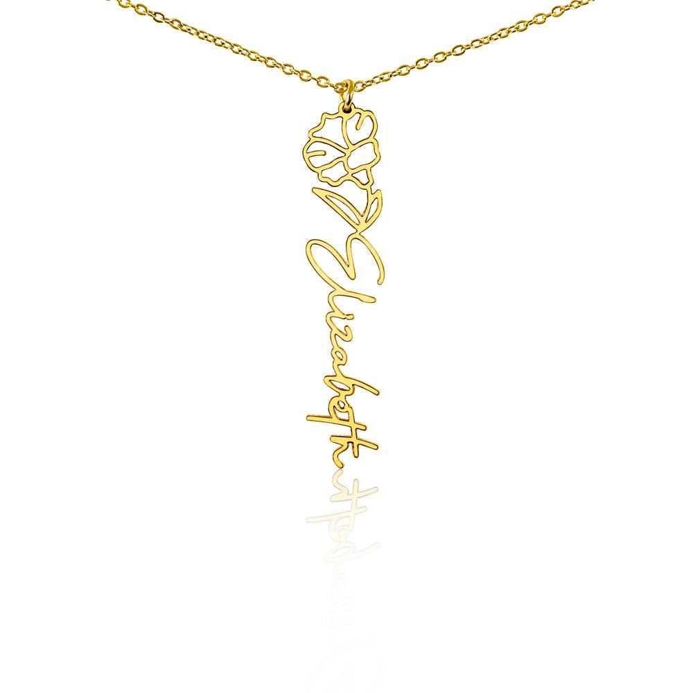 Personalized Birth Flower Name Necklace – Custom Vertical Signature Script Pendant Gift