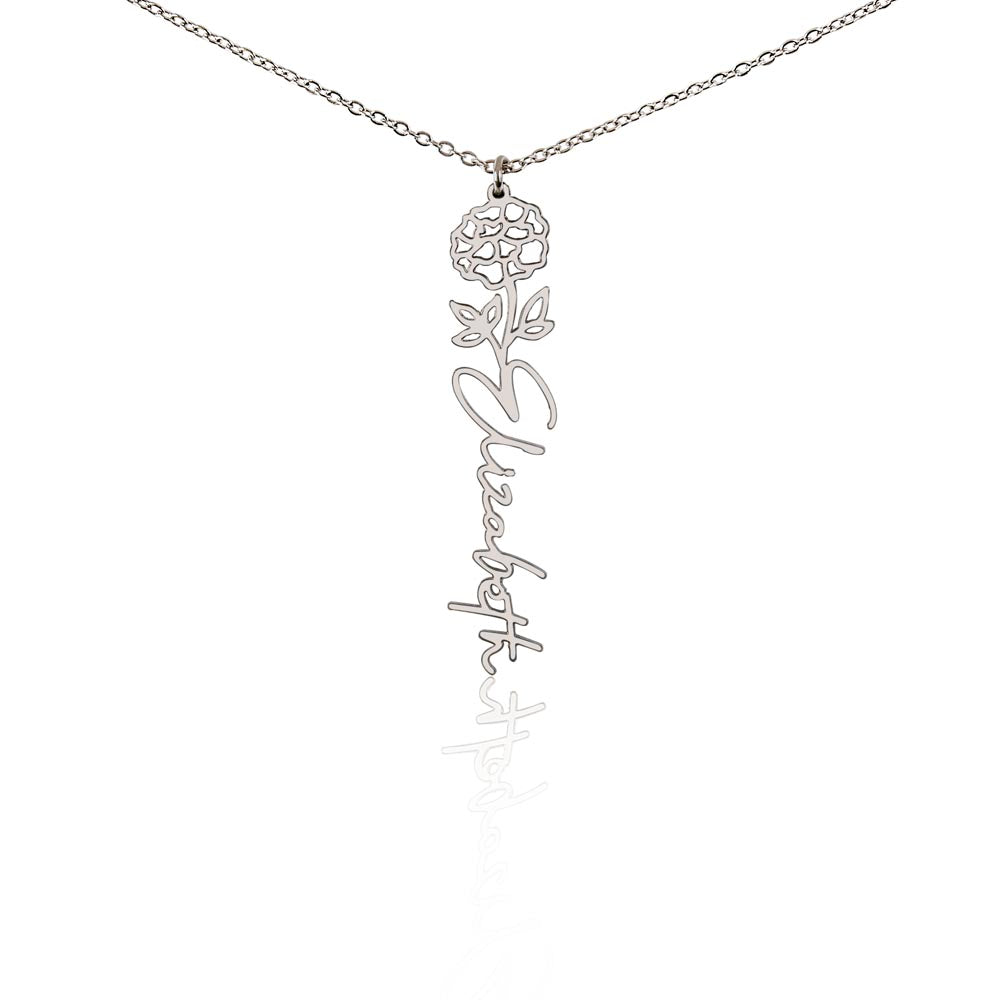 Personalized Birth Flower Name Necklace – Custom Vertical Signature Script Pendant Gift