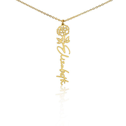 Personalized Birth Flower Name Necklace – Custom Vertical Signature Script Pendant Gift