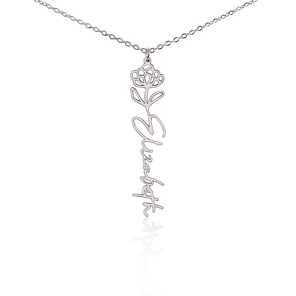 Personalized Birth Flower Name Necklace – Custom Vertical Signature Script Pendant Gift