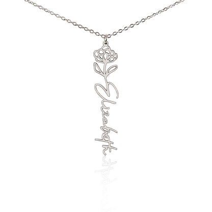 Personalized Birth Flower Name Necklace – Custom Vertical Signature Script Pendant Gift