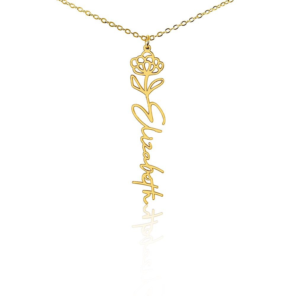 Personalized Birth Flower Name Necklace – Custom Vertical Signature Script Pendant Gift