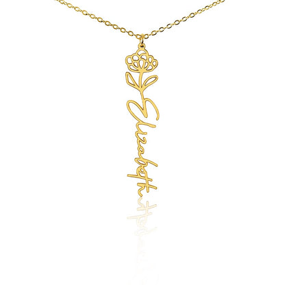 Personalized Birth Flower Name Necklace – Custom Vertical Signature Script Pendant Gift
