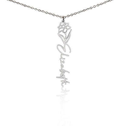 Personalized Birth Flower Name Necklace – Custom Vertical Signature Script Pendant Gift