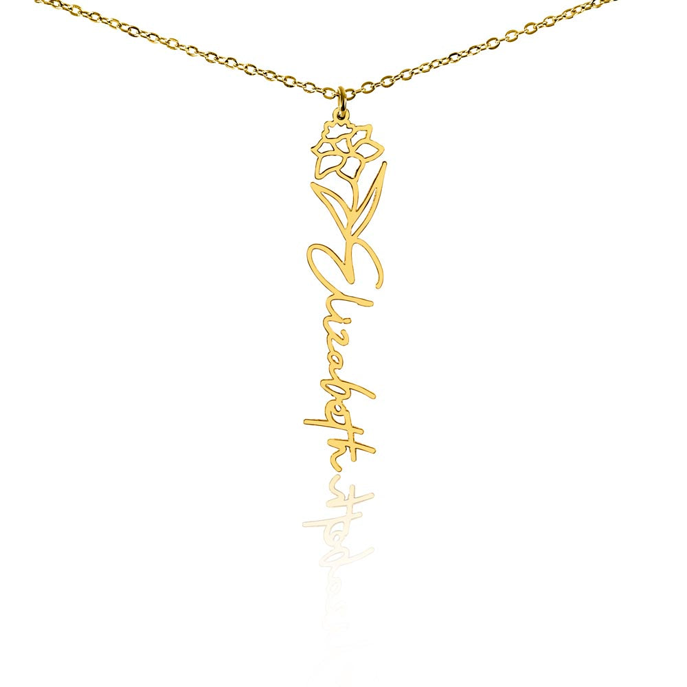 Personalized Birth Flower Name Necklace – Custom Vertical Signature Script Pendant Gift