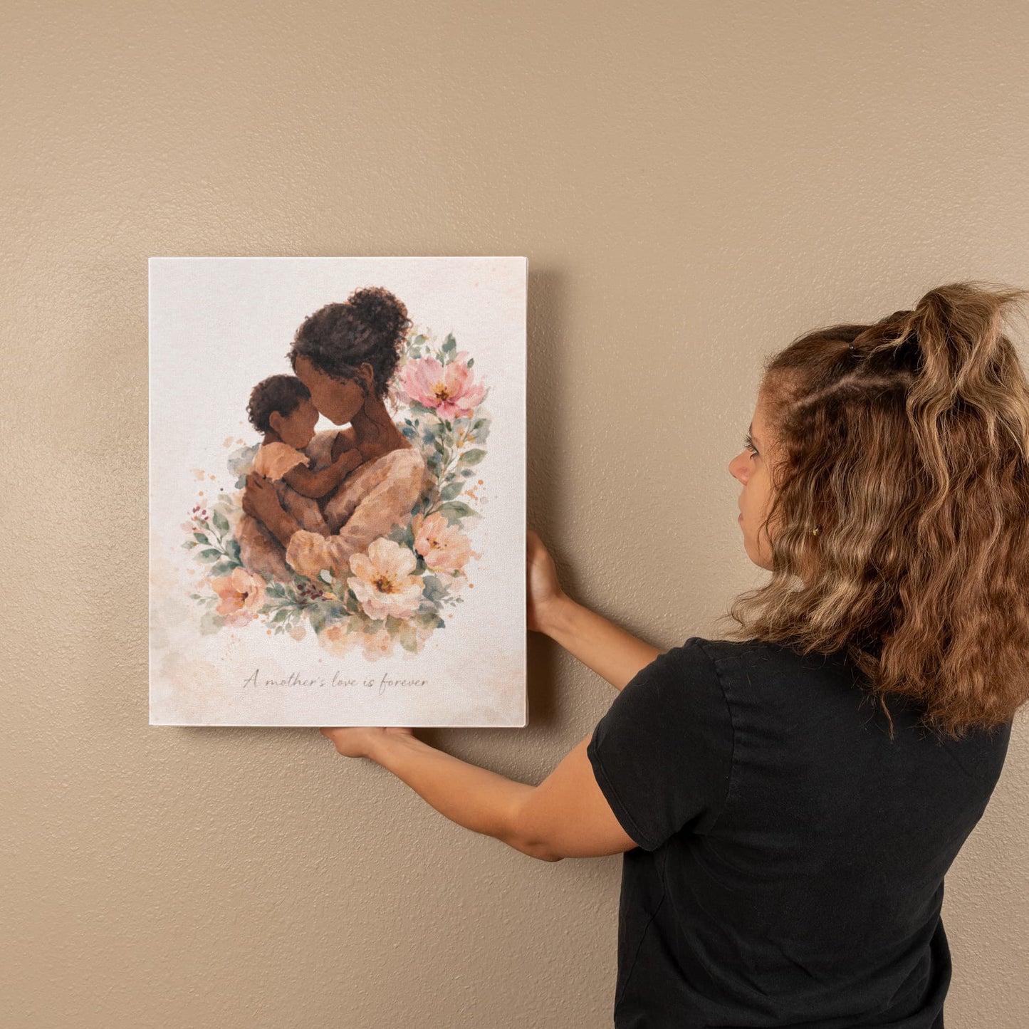 Dark Skin Mother and Child Watercolor Canvas Wall Art | Elegant Motherhood Artwork | Meaningful Mother's Day Gift