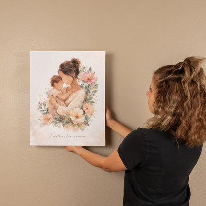 Fair Skin Mother and Child Watercolor Canvas Wall Art | Elegant Motherhood Artwork | Meaningful Mother's Day Gift