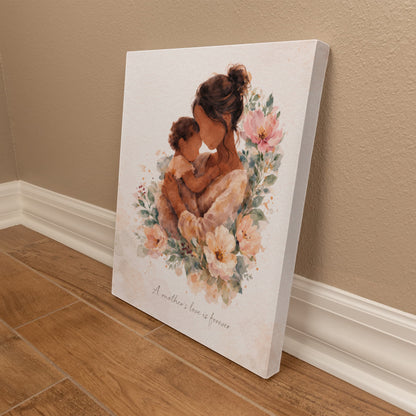 Medium Skin Mother and Child Watercolor Canvas Wall Art | Elegant Motherhood Artwork | Meaningful Mother's Day Gift