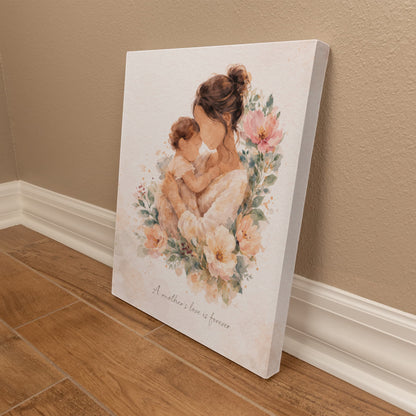 Fair Skin Mother and Child Watercolor Canvas Wall Art | Elegant Motherhood Artwork | Meaningful Mother's Day Gift