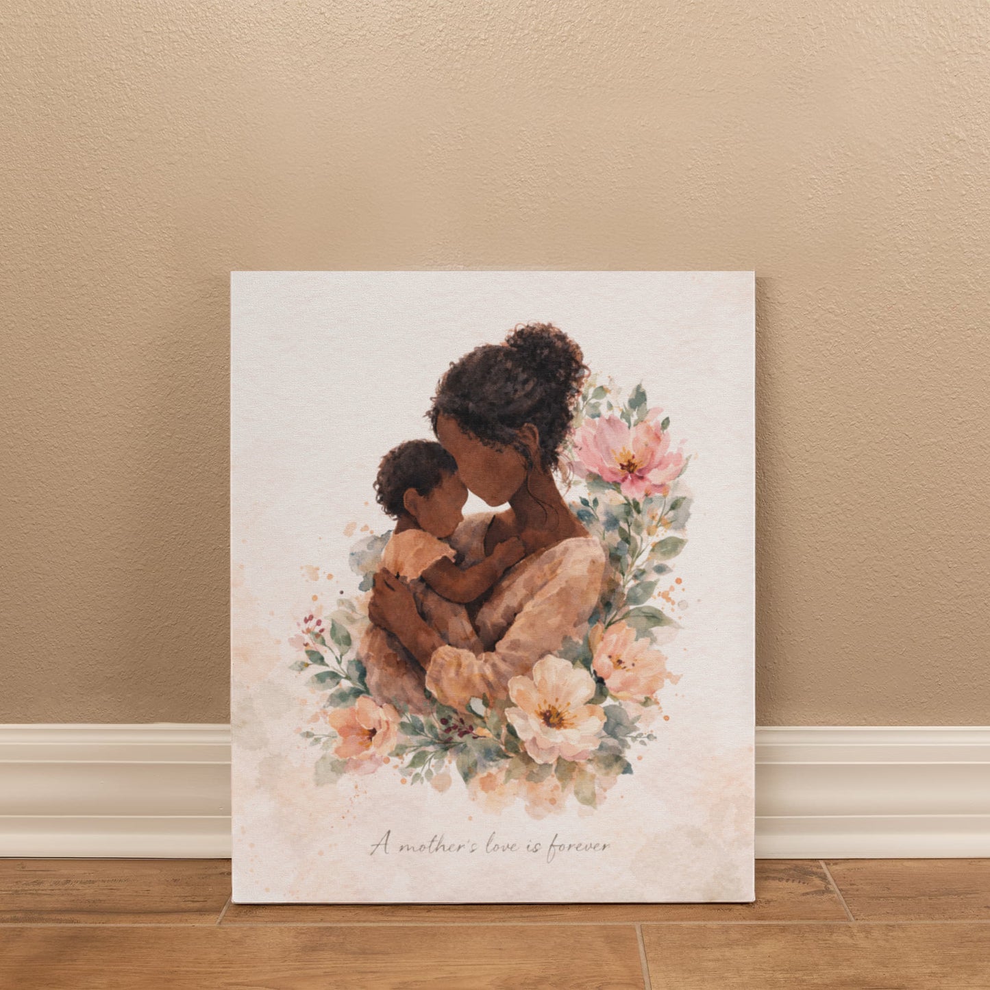 Dark Skin Mother and Child Watercolor Canvas Wall Art | Elegant Motherhood Artwork | Meaningful Mother's Day Gift
