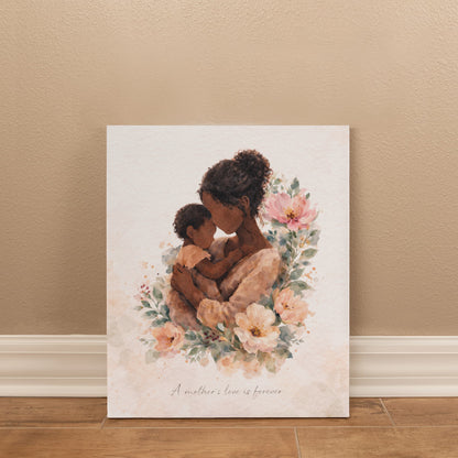 Dark Skin Mother and Child Watercolor Canvas Wall Art | Elegant Motherhood Artwork | Meaningful Mother's Day Gift
