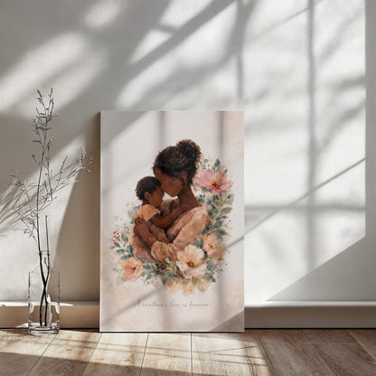 Dark Skin Mother and Child Watercolor Canvas Wall Art | Elegant Motherhood Artwork | Meaningful Mother's Day Gift