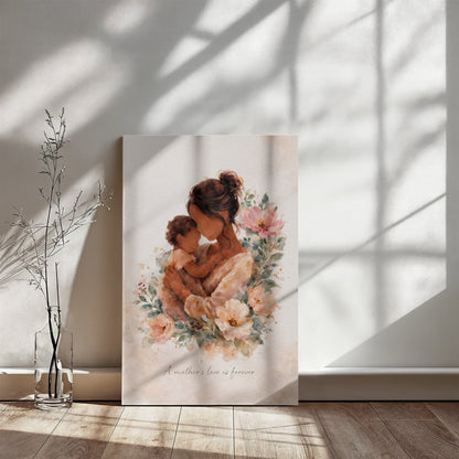 Medium Skin Mother and Child Watercolor Canvas Wall Art | Elegant Motherhood Artwork | Meaningful Mother's Day Gift