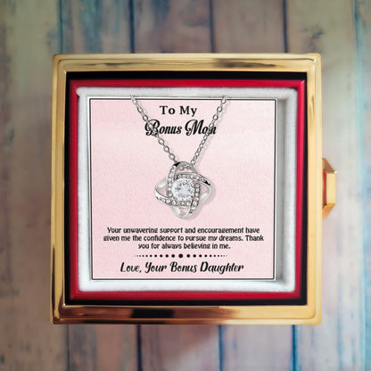 To My Bonus Mom – Love Knot Necklace -Thank You for Believing in Me – Heartfelt Gift from Bonus Daughter – Message Card That Honors Her Unwavering Support, Birthday Gift