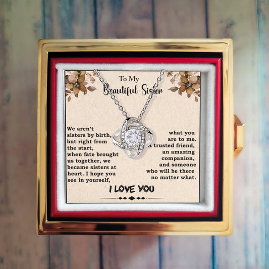 To My Beautiful Sister -Love Knot Necklace A Bond Made by Heart, Not by Blood | Gift of Love, Friendship, and Forever Support,