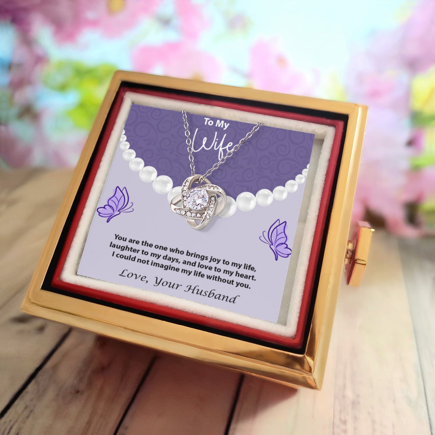To My Wife - Love Knot Necklace, Elegant Pearl & Butterfly Message Card Gift From Husband