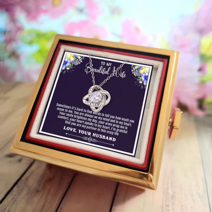 Love Knot Necklace, To My Beautiful Wife – Heartfelt Message Card Gift from Husband Expressing Deep Love, Gratitude, and Appreciation – Romantic Keepsake for Wife