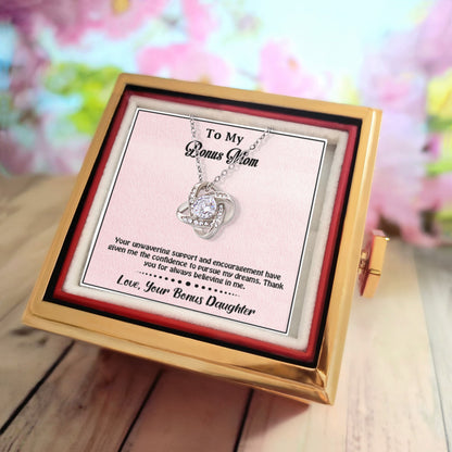 To My Bonus Mom – Love Knot Necklace -Thank You for Believing in Me – Heartfelt Gift from Bonus Daughter – Message Card That Honors Her Unwavering Support, Birthday Gift