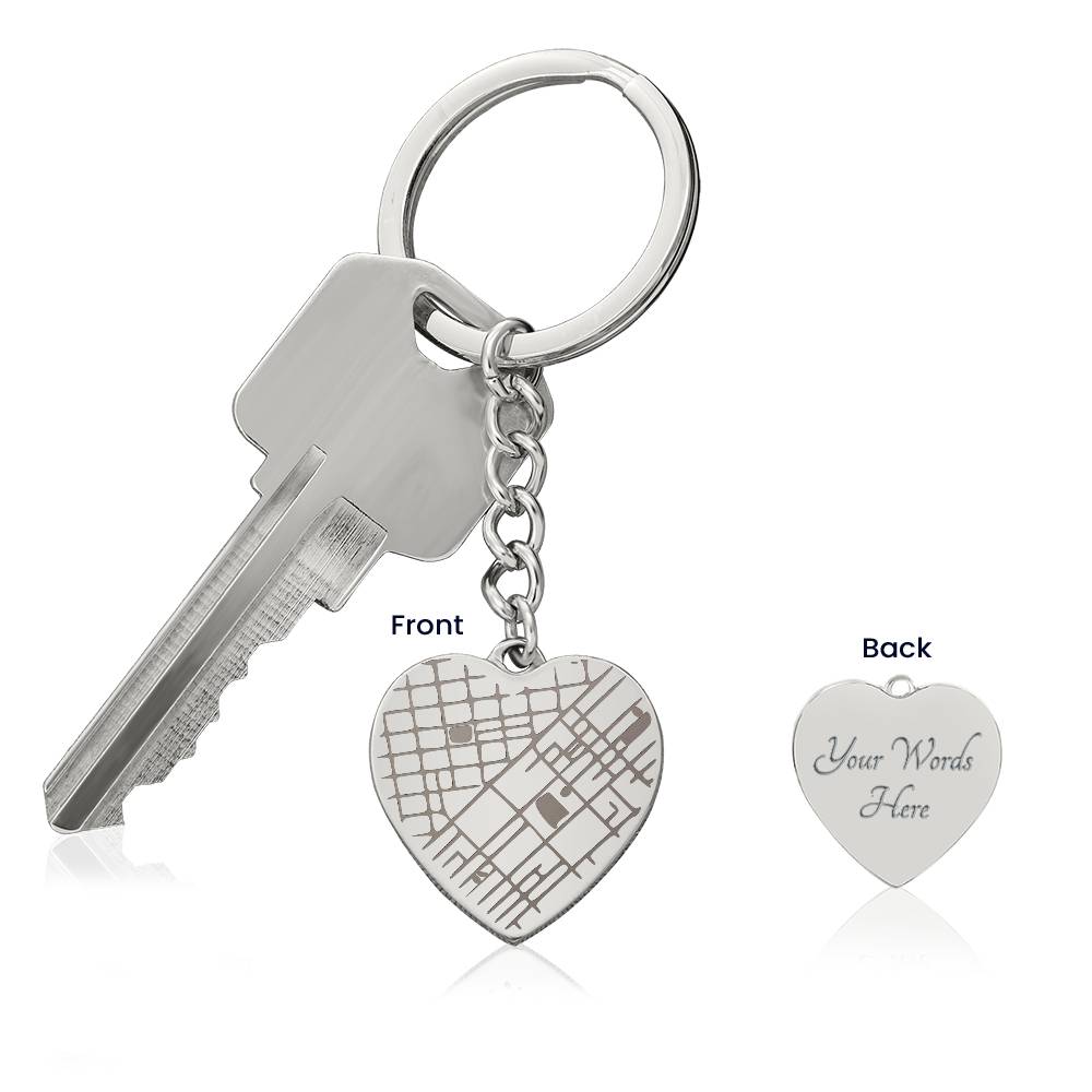 Personalized Heart Map Keychain – Engraved Location Keepsake Gift for Couples, New Home, Wedding or Anniversary