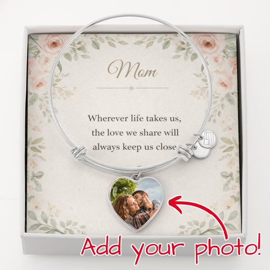 Custom Photo Heart Charm Bracelet for Mom – Personalized Picture Bracelet with Optional Engraving – Mother's Day Gift
