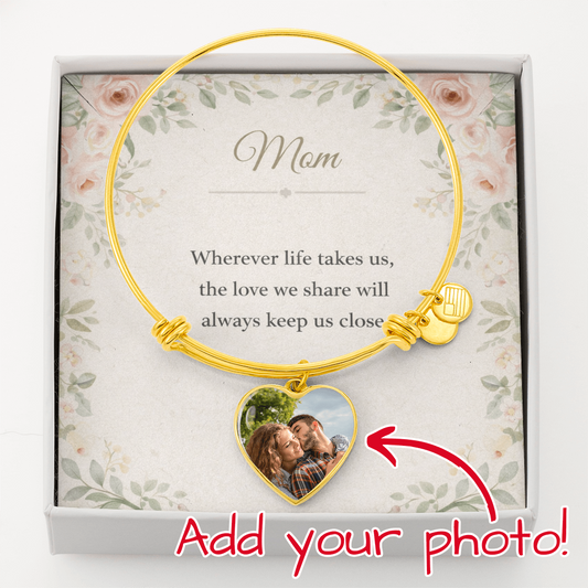 Custom Photo Heart Charm Bracelet for Mom – Personalized Picture Bracelet with Optional Engraving – Mother's Day Gift
