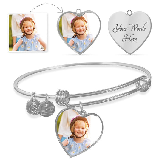 Custom Heart Charm Bangle - Add your Photo & Personalized Engraving