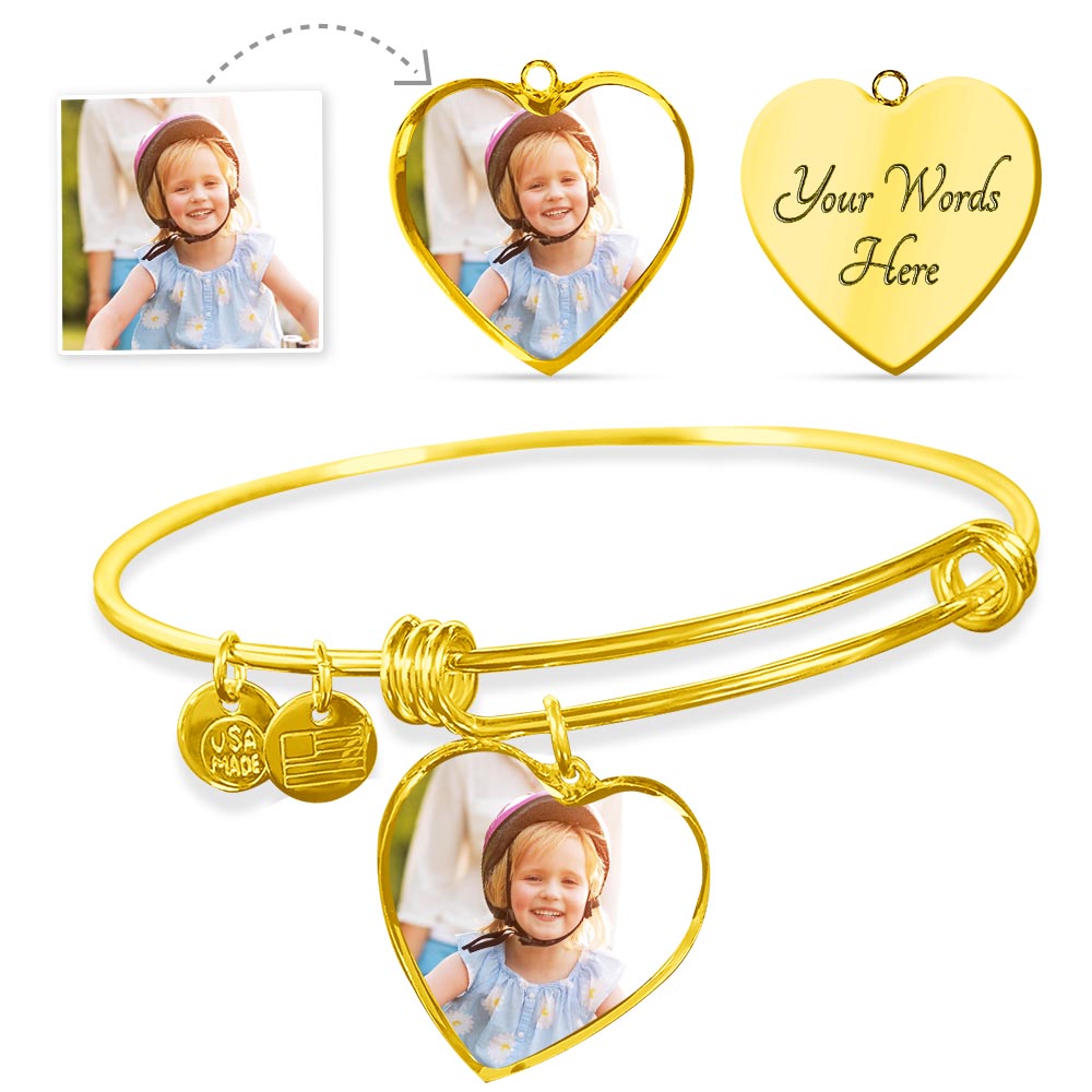 Custom Heart Charm Bangle - Add your Photo & Personalized Engraving