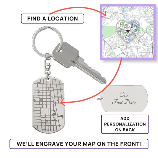 Personalized Dog Tag Map Keychain – Engraved Location Keepsake Gift for Couples, New Home, Wedding or Anniversary