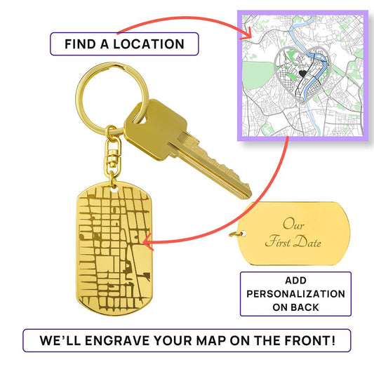 Personalized Dog Tag Map Keychain – Engraved Location Keepsake Gift for Couples, New Home, Wedding or Anniversary