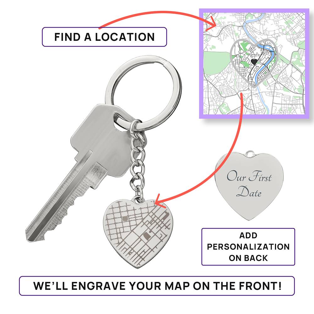 Personalized Heart Map Keychain – Engraved Location Keepsake Gift for Couples, New Home, Wedding or Anniversary