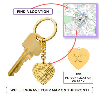 Personalized Heart Map Keychain – Engraved Location Keepsake Gift for Couples, New Home, Wedding or Anniversary