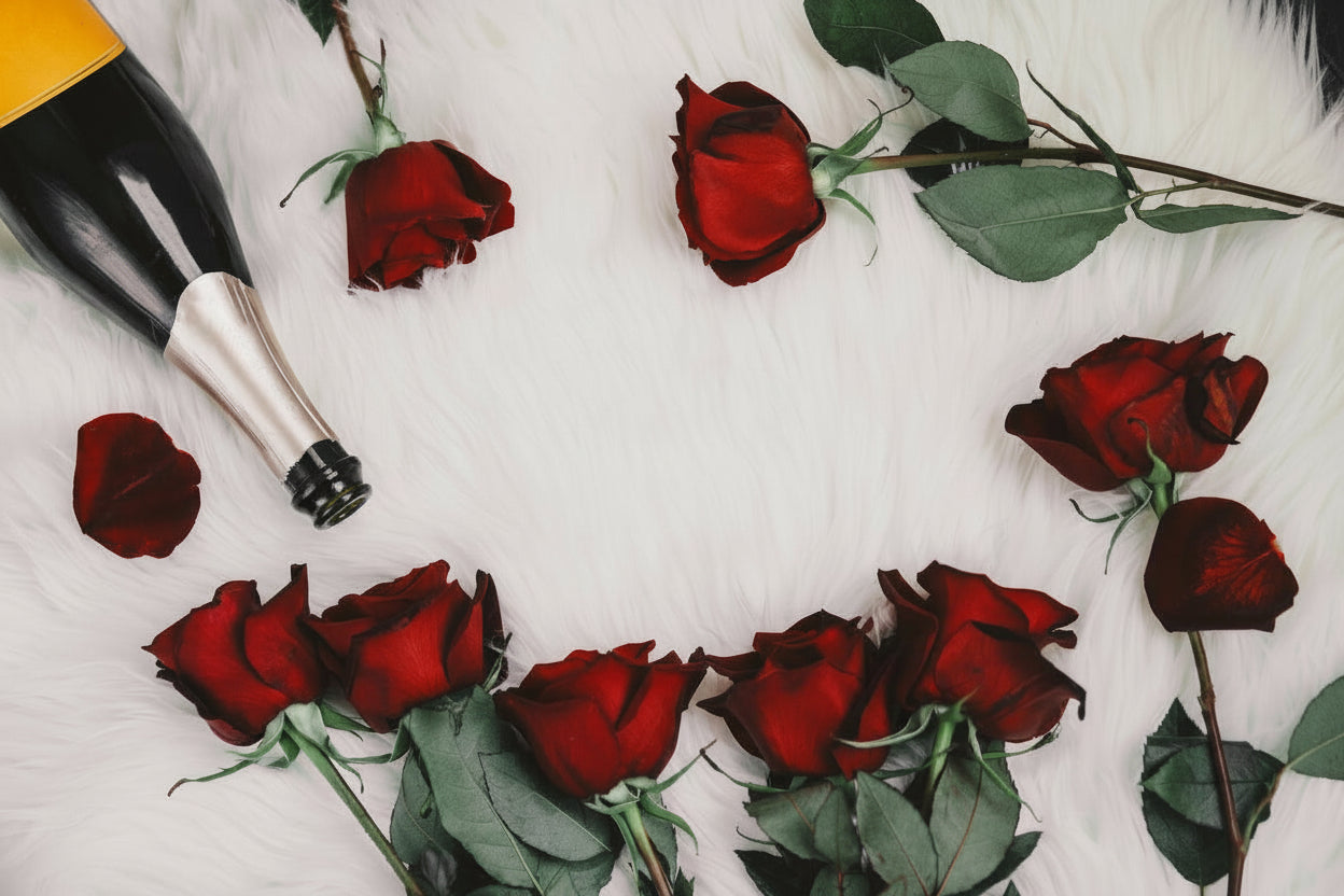 Red roses and a bottle of champagne on a white surface