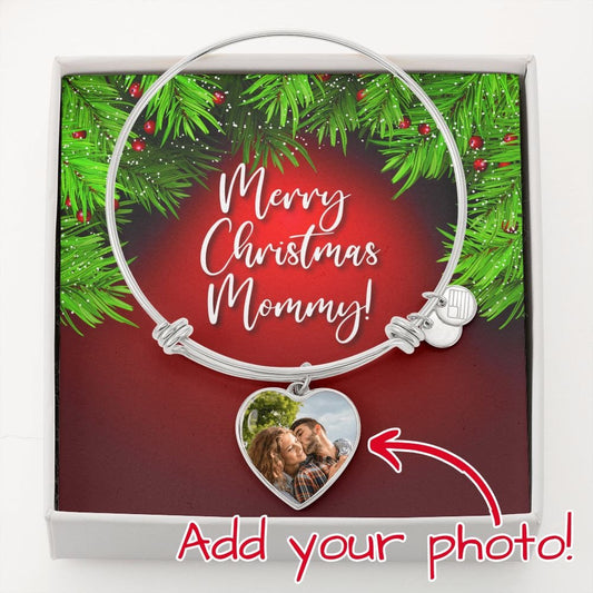 Merry Christmas Mommy!, Christmas Gift for Mom, Add Your Own Photo, Custom Heart Bangle, Personalized Heart Bangle,