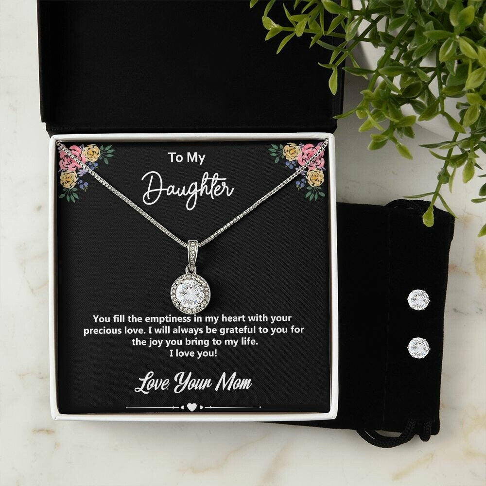 To My Daughter - Love, Your Mom, White Gold Finish w/ CZ Crystals, Round Pendant Necklace and Earrings Set, Perfect Gift for Daughters