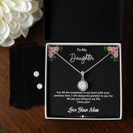 To My Daughter - Love, Your Mom, White Gold Finish w/ CZ Crystals, Round Pendant Necklace and Earrings Set, Perfect Gift for Daughters