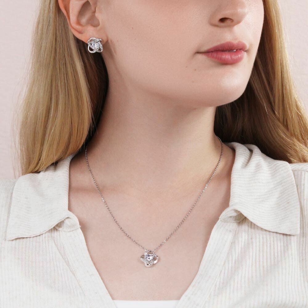 To My Daughter - Love, Your Mom, 14K White Gold Finish w/ CZs Love Knot Pendant Necklace and Earrings Set, Perfect Gift for Daughters