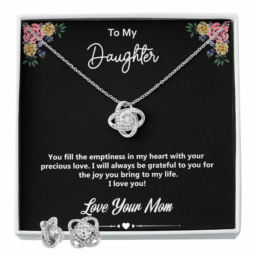 To My Daughter - Love, Your Mom, 14K White Gold Finish w/ CZs Love Knot Pendant Necklace and Earrings Set, Perfect Gift for Daughters