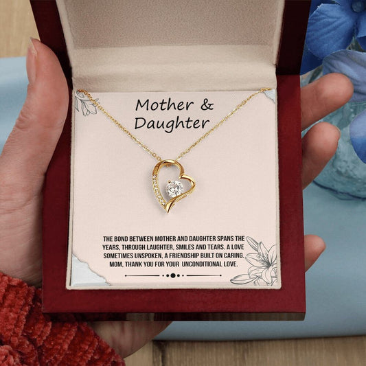 Mother & Daughter - White or Yellow Gold Finish, Heart Pendant Necklace, Perfect Gift for Mom, Birthday, Christmas, Wedding