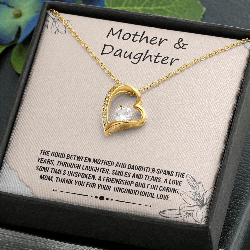 Mother & Daughter - White or Yellow Gold Finish, Heart Pendant Necklace, Perfect Gift for Mom, Birthday, Christmas, Wedding