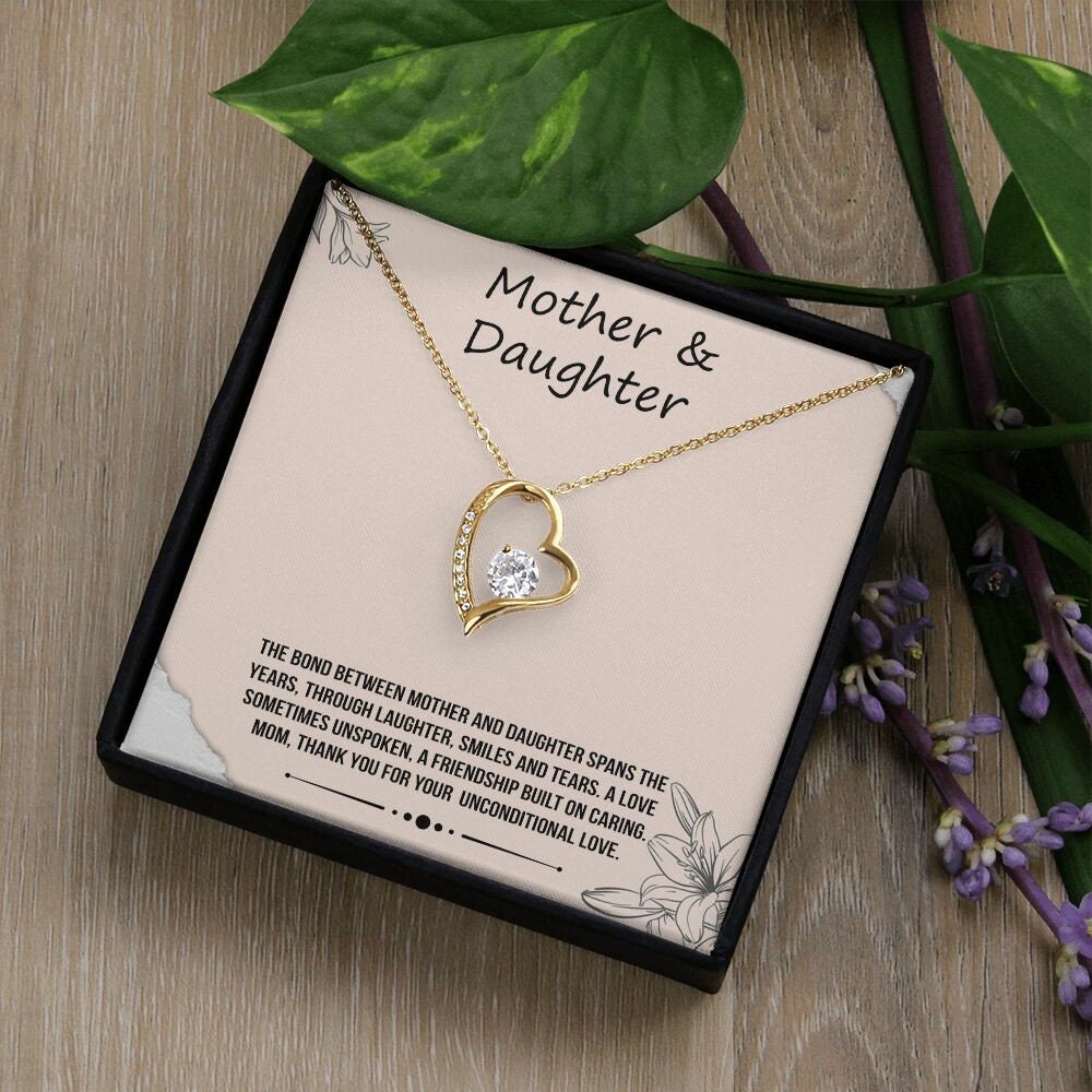 Mother & Daughter - White or Yellow Gold Finish, Heart Pendant Necklace, Perfect Gift for Mom, Birthday, Christmas, Wedding