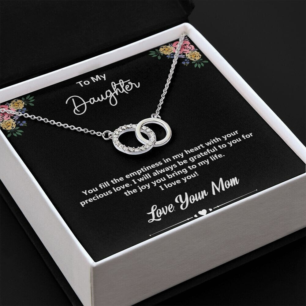 To My Daughter - Love, Your Mom, White Gold Finish With CZs Linked Circles Necklace, Perfect Gift for Daughters