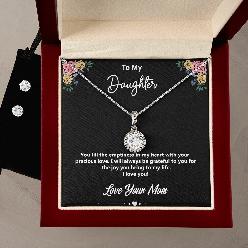 To My Daughter - Love, Your Mom, White Gold Finish w/ CZ Crystals, Round Pendant Necklace and Earrings Set, Perfect Gift for Daughters