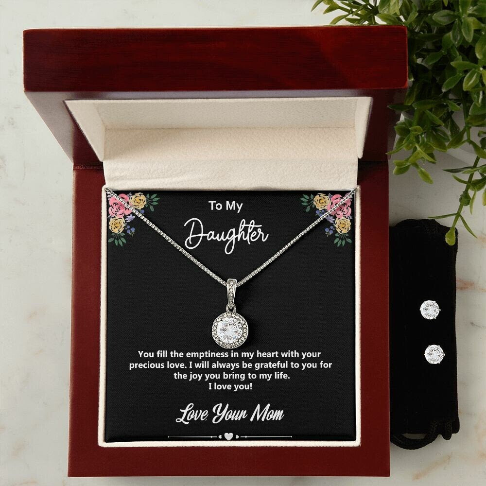 To My Daughter - Love, Your Mom, White Gold Finish w/ CZ Crystals, Round Pendant Necklace and Earrings Set, Perfect Gift for Daughters