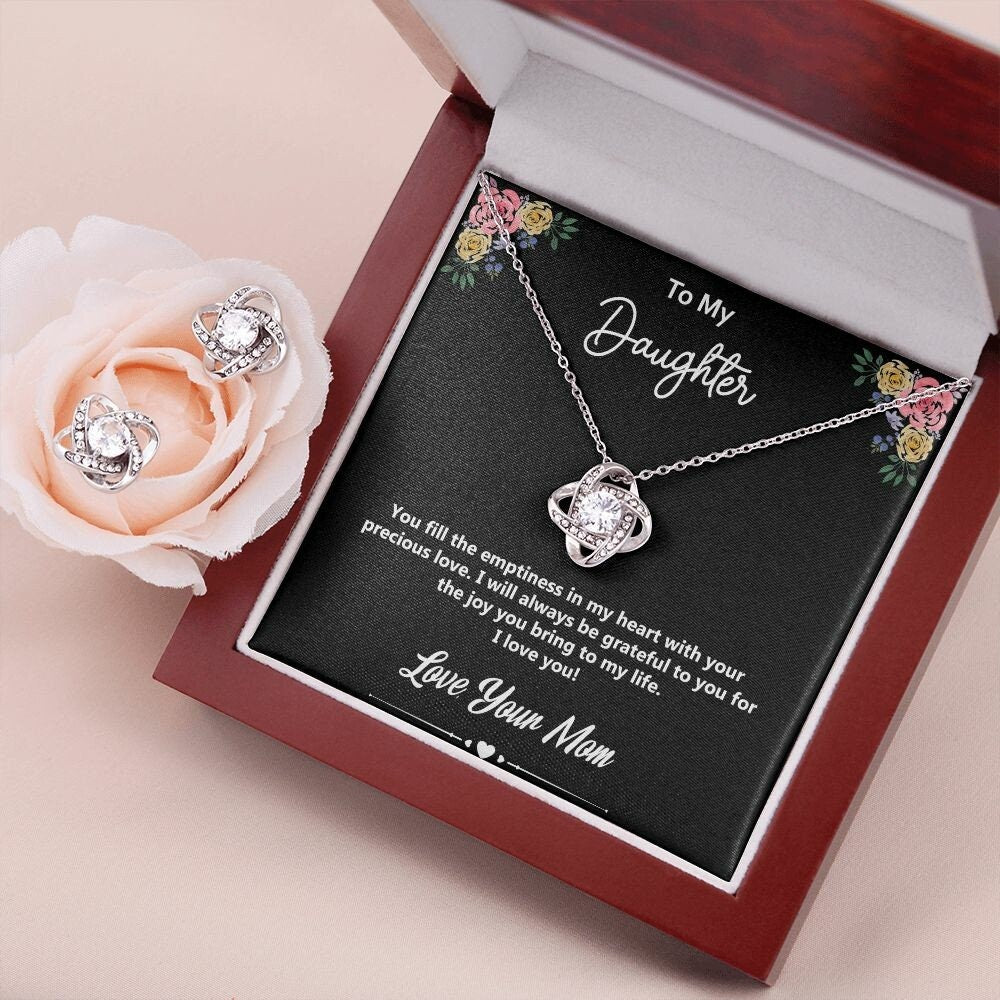 To My Daughter - Love, Your Mom, 14K White Gold Finish w/ CZs Love Knot Pendant Necklace and Earrings Set, Perfect Gift for Daughters