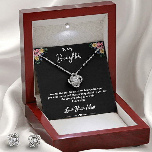 To My Daughter - Love, Your Mom, 14K White Gold Finish w/ CZs Love Knot Pendant Necklace and Earrings Set, Perfect Gift for Daughters