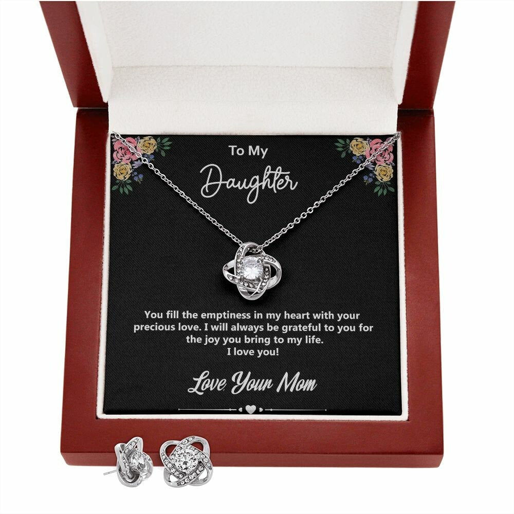 To My Daughter - Love, Your Mom, 14K White Gold Finish w/ CZs Love Knot Pendant Necklace and Earrings Set, Perfect Gift for Daughters