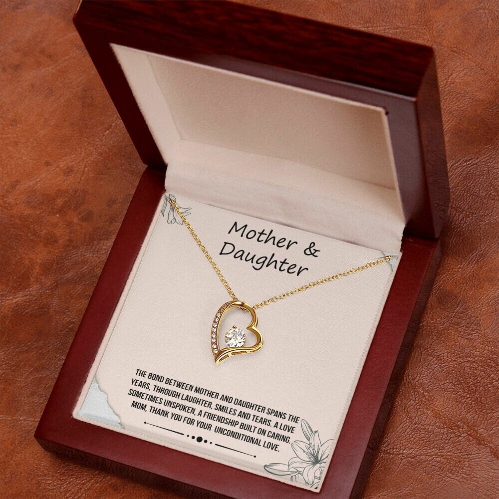 Mother & Daughter - White or Yellow Gold Finish, Heart Pendant Necklace, Perfect Gift for Mom, Birthday, Christmas, Wedding